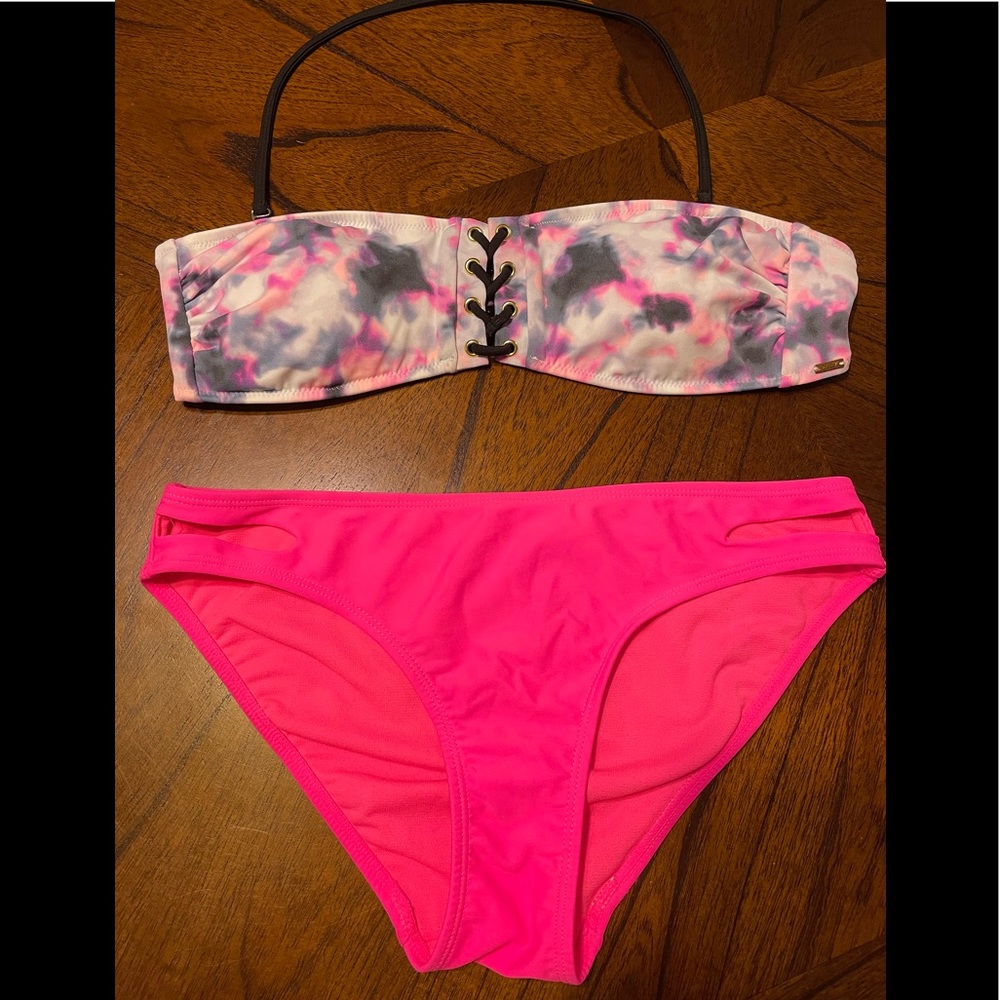 2 piece bikini set. Victoria Secret. Size Large. HOT pink bottom/ tie dye top!